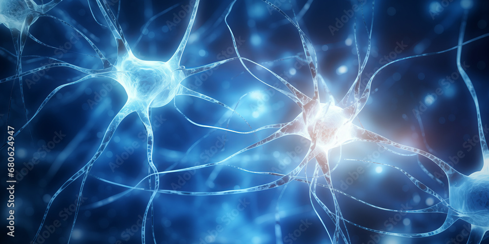 Nerve cell blue color banner, system neuron of brain with synapses. Medicine biology background Nerve cell blue color banner, system neuron of brain with synapses. Medicine biology background