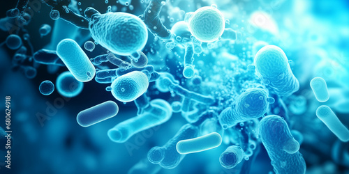 Bacterial colony Bacteria Blue color Microbes. Concept of science and medicine banner