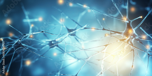 Nerve cell blue color banner, system neuron of brain with synapses. Medicine biology background