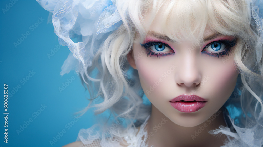 Enchanting Woman with Blue Eyes.  Glamorous Makeup