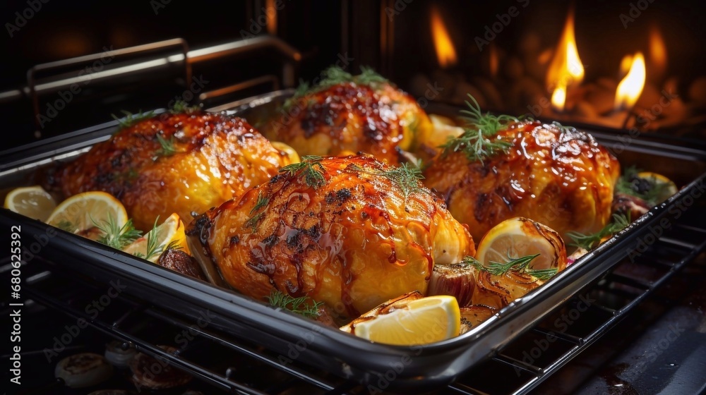 Fototapeta premium Roasted chickens with vegetables, lemon and herbs in a baking dish. Festive dinner with AI generated