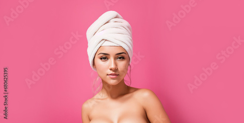 Portrait of a beautiful girl with a towel on her head. Generative AI.
