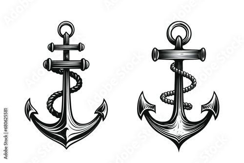 vintage sea anchor with rope monochrome style illustration