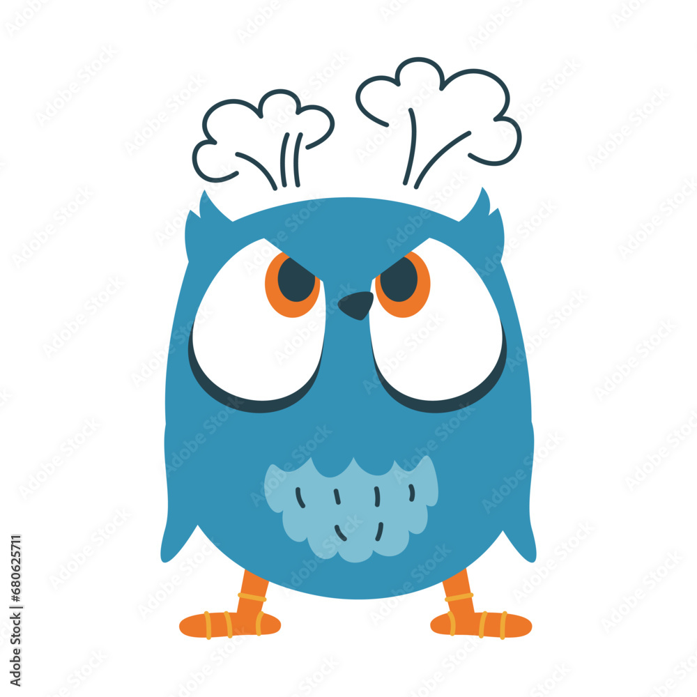Funny angry owl, anger. Vector icon, bird sticker Funny angry owl, anger. Vector icon, bird sticker