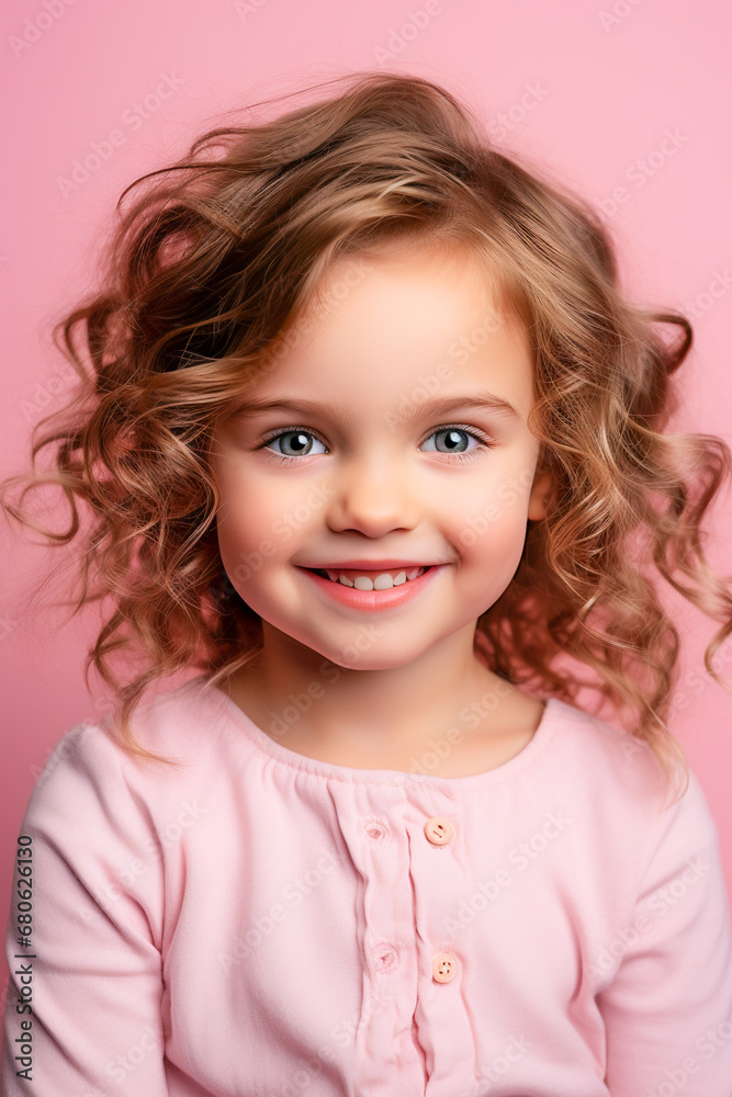 Happy Little Girl Portrait. Joyful Child in a Pink World Happy Little Girl Portrait. Joyful Child in a Pink World