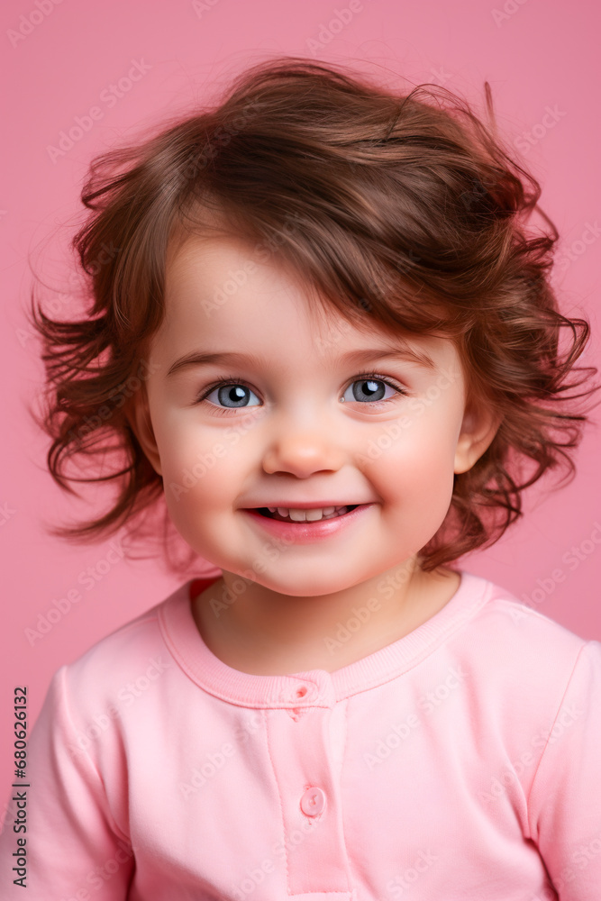 Happy Little Girl Portrait. Joyful Child in a Pink World Happy Little Girl Portrait. Joyful Child in a Pink World