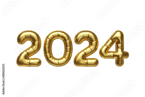 2024 shiny golden balloons isolated on white background. Colorful banner for your seasonal holidays flyers, greetings and invitations, New Year themed congratulations and cards. 3d illustration.