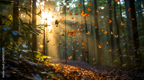 Monarch butterflies. Millions of butterflies create a living carpet on the forest photo