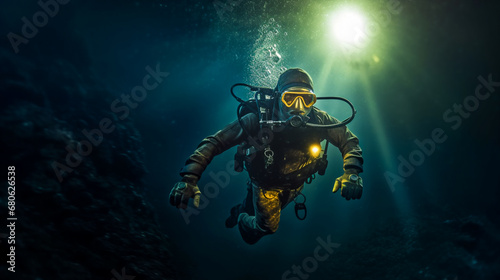 Mystical Underwater Journey. Diving into Darkness. AI Generated © EwaStudio