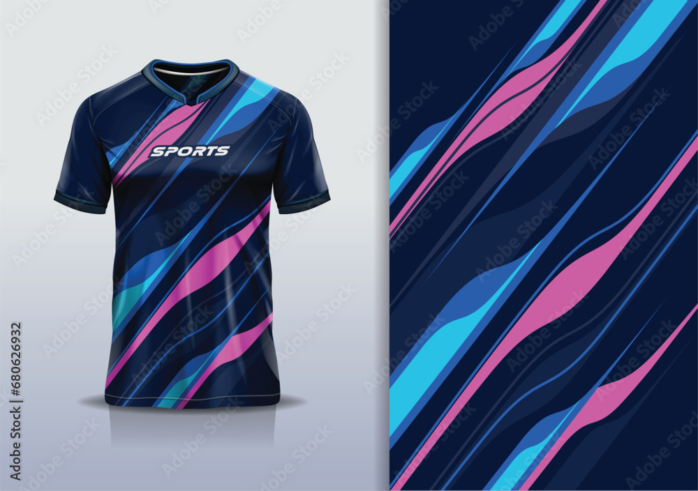 T-shirt mockup with abstract line sport jersey design for football, soccer, racing, esports, running, in blue pink color T-shirt mockup with abstract line sport jersey design for football, soccer, racing, esports, running, in blue pink color