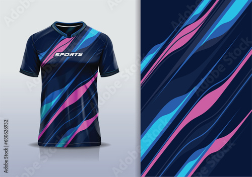 T-shirt mockup with abstract line sport jersey design for football, soccer, racing, esports, running, in blue pink color