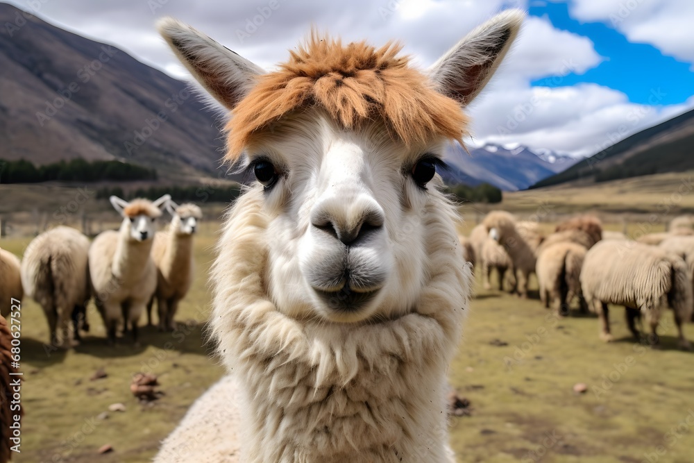 a close up of a llama with a herd of sheep in the background Generative AI