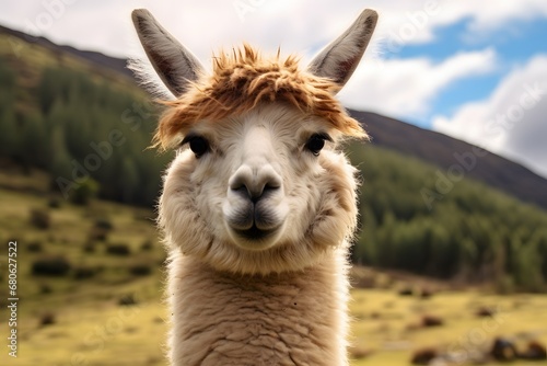 a close up of a llama with a mountain in the background Generative AI photo
