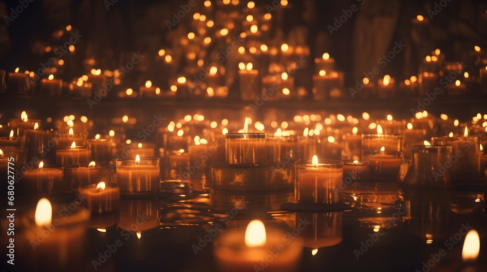 a group of lit candles sitting on top of a table Generative AI