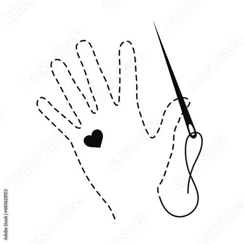 Silhouette of hand with interrupted contour and heart. Vector illustration of handmade work with embroidery thread and sewing needle on white background.	