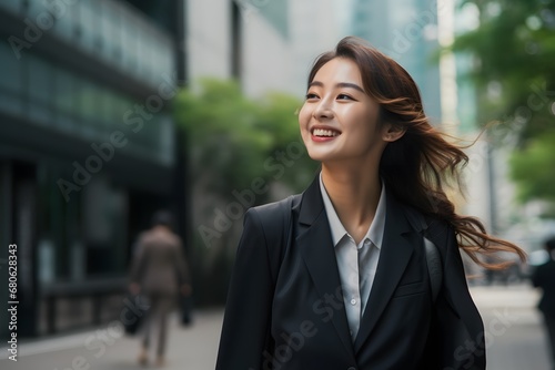 a woman smiles as she walks down a city street Generative AI