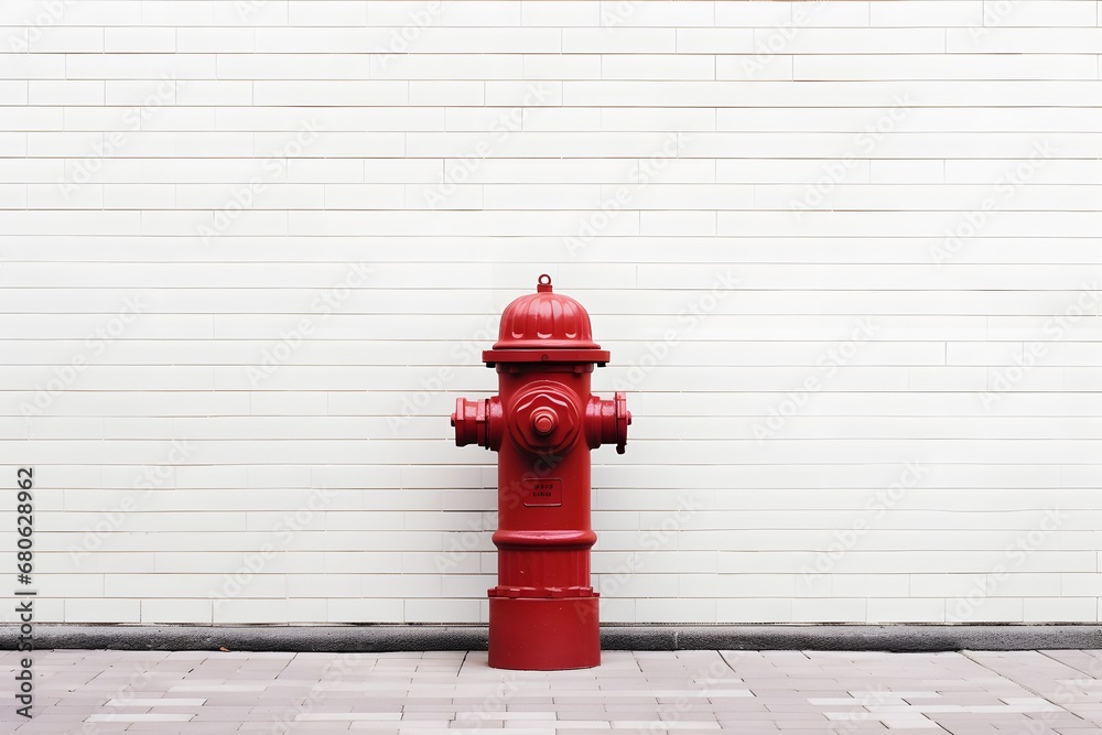 a red fire hydrant in front of a white brick wall Generative AI a red fire hydrant in front of a white brick wall Generative AI