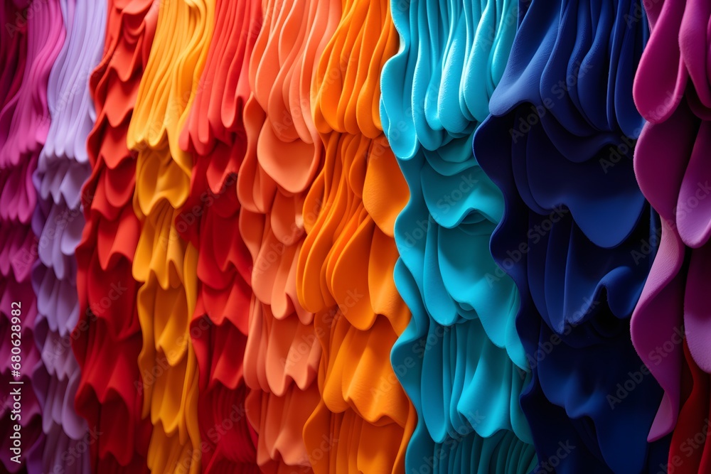 a bunch of different colored shirts hanging on a wall Generative AI