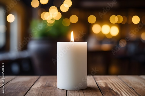 a white candle sitting on top of a wooden table Generative AI