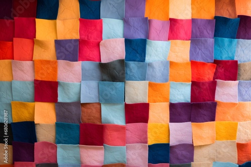 a multicolored quilt with squares of different colors Generative AI