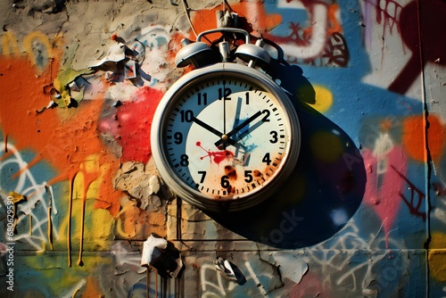 a close up of a clock on a wall with graffiti Generative AI