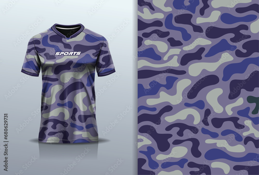 T-shirt mockup with abstract camouflage pattern jersey design for football, soccer, racing, esports, running, in blue color T-shirt mockup with abstract camouflage pattern jersey design for football, soccer, racing, esports, running, in blue color