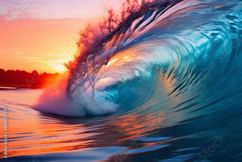 a close up of a wave with a sunset in the background Generative AI