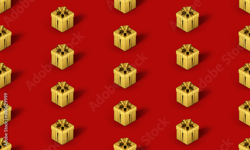 Seamless pattern with gift box emoji isolated on red background. Christmas minimal design art packaging, apparel, gift, wrapping paper, textile, fabric, wallpaper. 3d illustration.