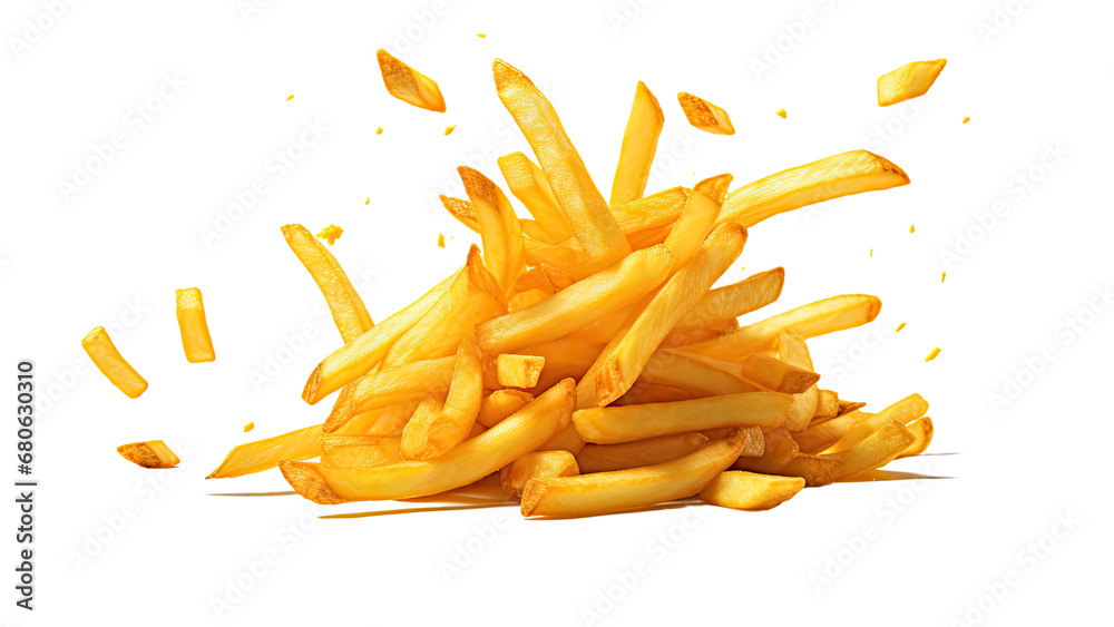 French fries levitate isolated on transparent background, PNG file - obrazy, fototapety, plakaty 