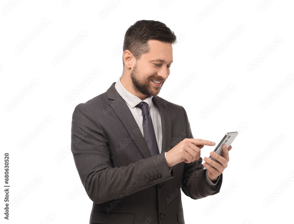 Happy man sending message via smartphone on white background Happy man sending message via smartphone on white background