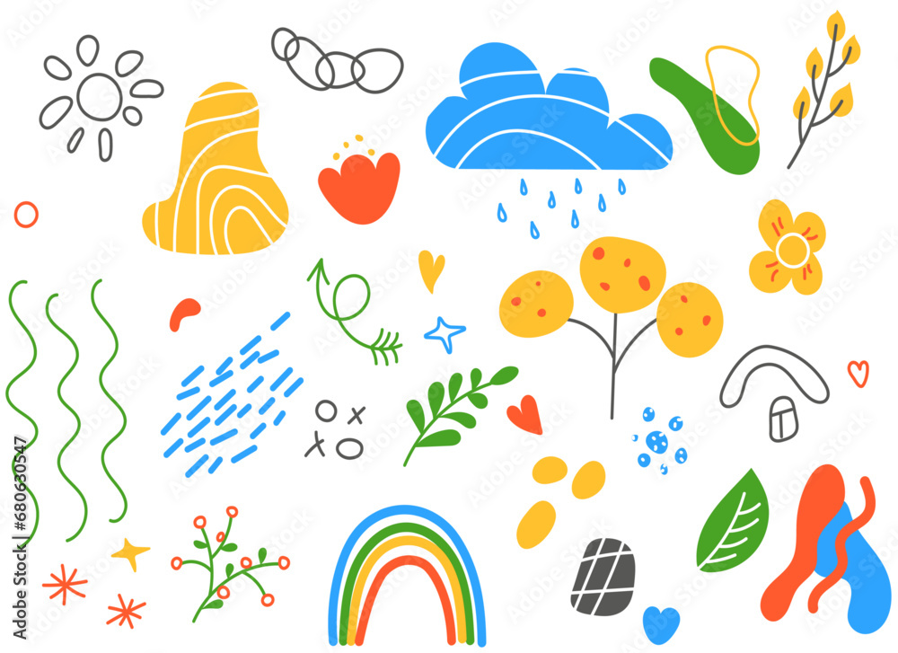 Cute hand drawn doodle vector set. Colorful collection of leaf, scribble,  flower, sun, rainbow, cloud, house. Adorable creative design element for decoration, ads, prints, branding. 