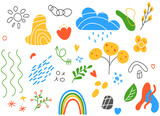 Cute hand drawn doodle vector set. Colorful collection of leaf, scribble,  flower, sun, rainbow, cloud, house. Adorable creative design element for decoration, ads, prints, branding. 