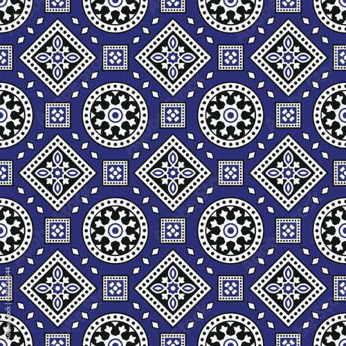 Ajrakh seamless Pattern with blue Background, Vector illustration