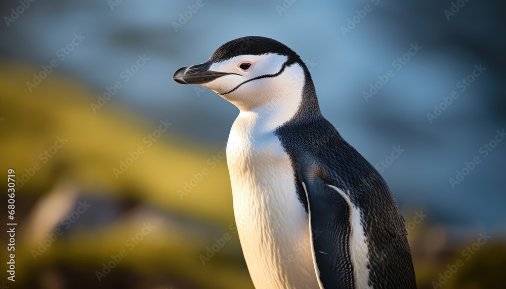 Fototapeta premium The Monochrome Majesty of a Chinstrap Penguin Perched on a Rocky Throne