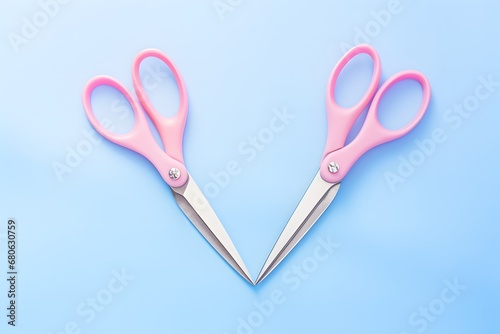 a pair of pink scissors sitting on top of a blue surface Generative AI