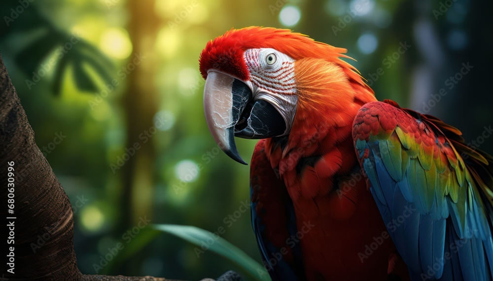 Colorful Macaw Parrot Perched on Tree Branch in a Tropical Rainforest
