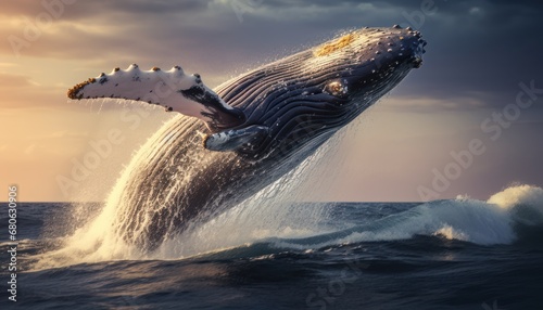 A Majestic Humpback Whale Leaping into the Air, Defying Gravity and Showcasing its Power © Anna