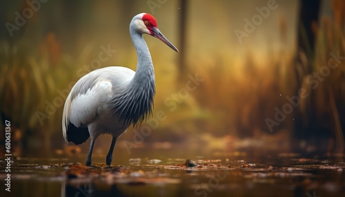 A Majestic Sarus Crane With a Vibrant Red Head Gazes Serenely at Its Reflection in the Water photo