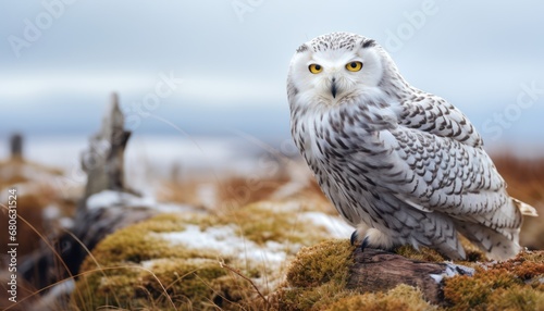 Mystical Guardian of the Forest: A White Owl Perched on a Mossy Ground