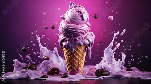 Waffle with delicious purple ice-cream and cream explosion