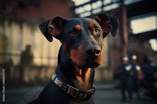 A black and brown dog stands proudly in front of a building. This image can be used to depict loyalty, protection, or a friendly pet in an urban setting. photo