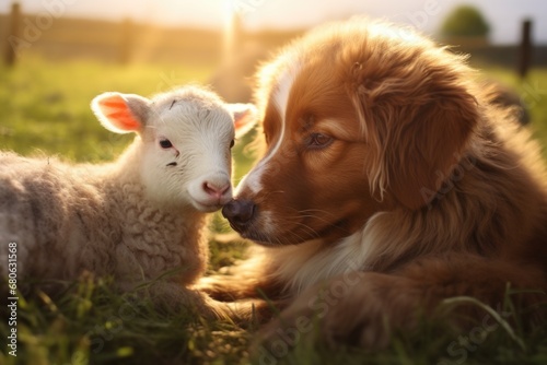 A dog and a sheep peacefully lying in the green grass. This image can be used to depict friendship, harmony, or rural scenes photo