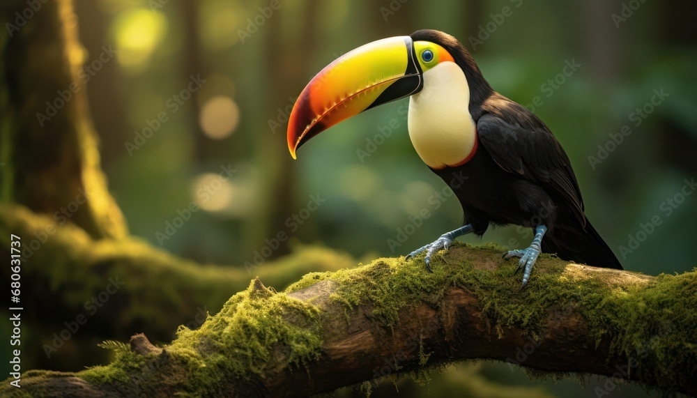 A Majestic Toco Toucan Perched on a Lush Forest Branch, Embracing Nature's Beauty A Majestic Toco Toucan Perched on a Lush Forest Branch, Embracing Nature's Beauty