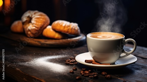  a cup of coffee sitting on top of a table next to a plate of croissants and a plate of croissants on a wooden table.