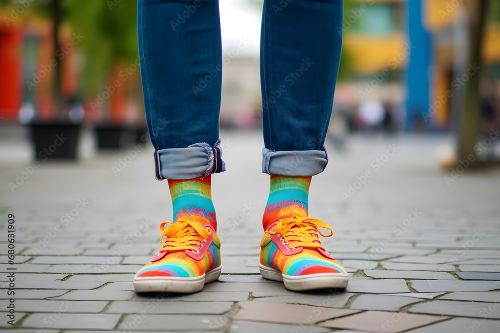 a person standing on a sidewalk wearing colorful socks Generative AI
