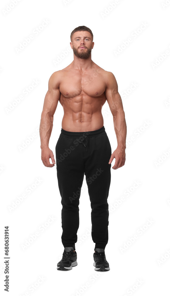 Fototapeta premium Young bodybuilder with muscular body on white background