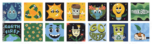 Square posters with funny cute characters of save the planet in trendy groovy style. Eco friendly stickers collection. World environment, ecology care, go green energy, zero waste or recycling concept