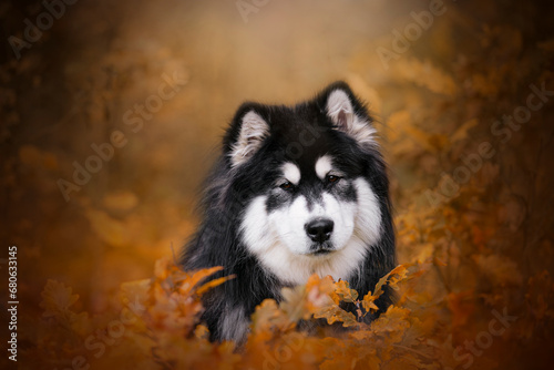 Alaskan malamute dog portrait in an autumn leaves  photo