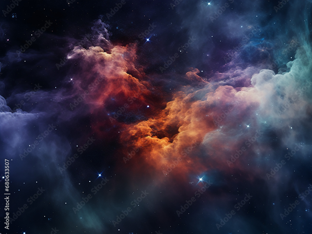 Cosmic nebulae bright gleaming amidst galaxies. AI Generation.