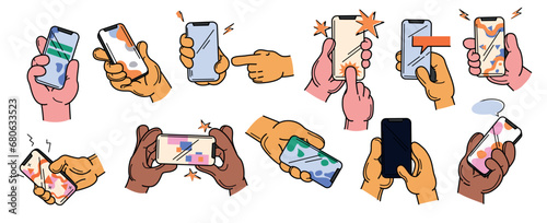 Vector doodle set of human hand with phone isolated on white background. Person holding smartphone. Diverse people hands using mobile devices. Gadget users touching or scrolling. Online communication.
